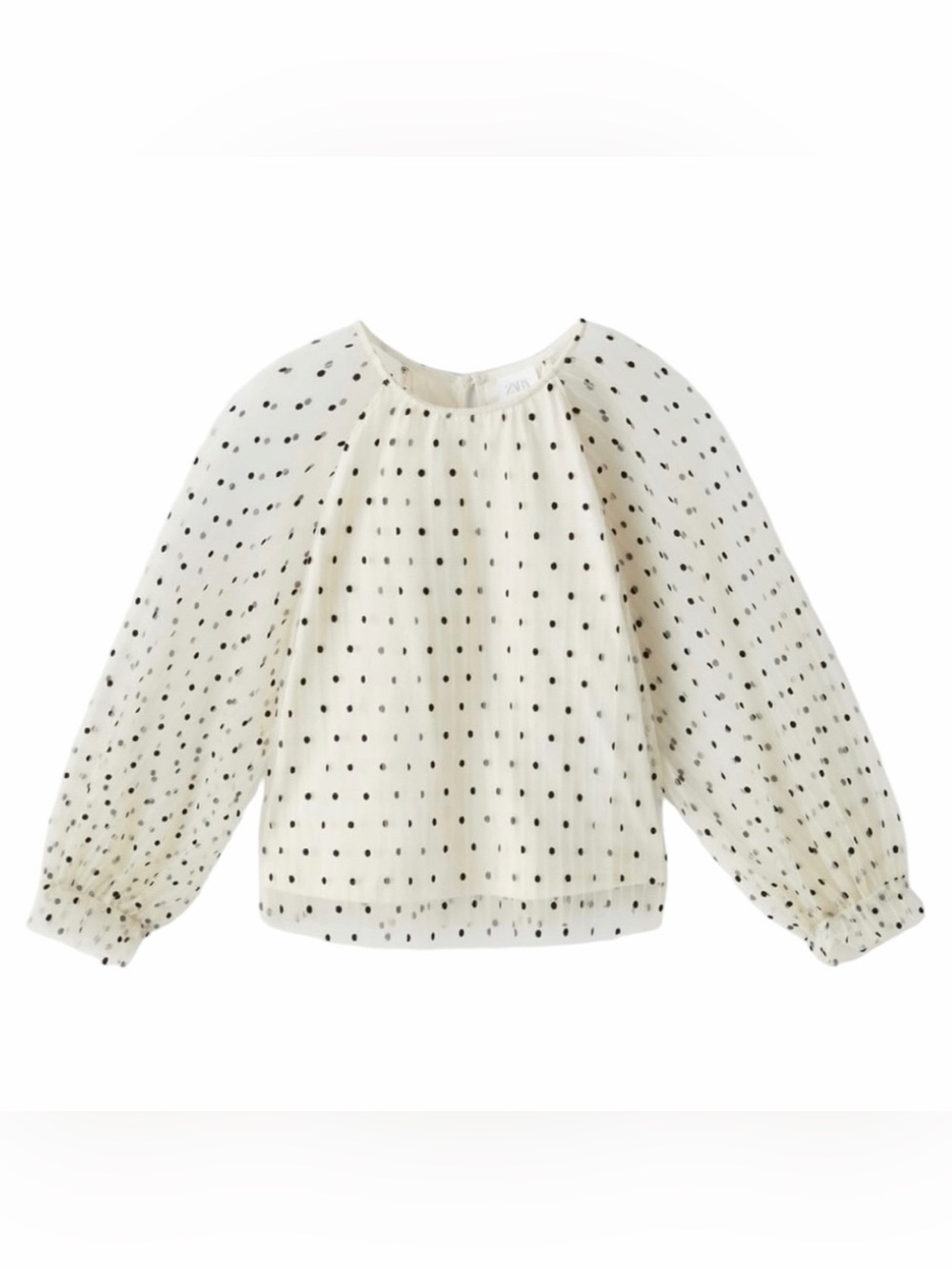 Zara Cream and Black Polka Dot Puff-Sleeve Blouse
